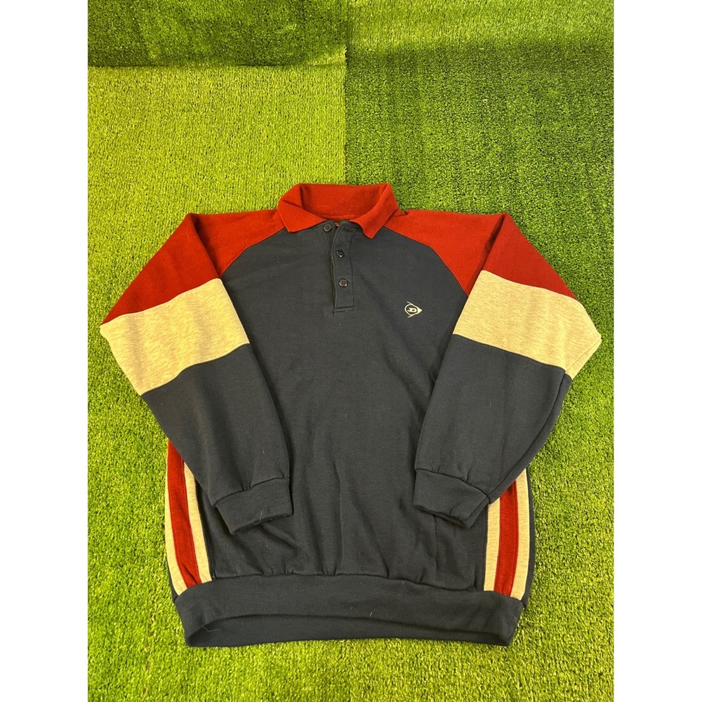 Vintage Dunlop Mens Colorblock Polo Sweatshirt Navy Red Gray Size Medium